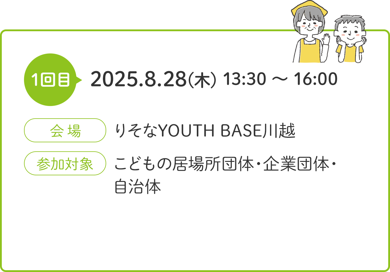1回目 2025.8.28（木）13:30〜16:00 会場 りそなYOUTH BASE川越 参加対象 こどもの居場所団体・企業団体・自治体